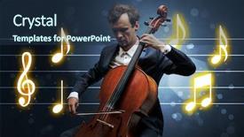  Presentation with sheet music - Presentation design having handsome cellist playing with music background and a  colored foreground