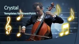  Presentation with sheet music - Beautiful slide deck featuring handsome cellist playing with music backdrop and a  colored foreground