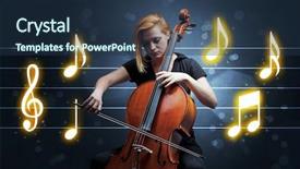  Presentation with sheet music - Colorful presentation enhanced with handsome cellist playing with music backdrop and a tawny brown colored foreground