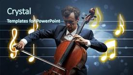  Presentation with sheet music - Colorful PPT theme enhanced with handsome cellist playing with music backdrop and a  colored foreground