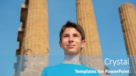  Presentation with greek columns - Presentation theme enhanced with handsome-cheerful-teen-boy-against background and a teal colored foreground