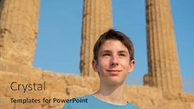  Presentation with greek columns - Cool new PPT theme with handsome-cheerful-teen-boy-against backdrop and a coral colored foreground