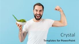  Presentation with flexing - Beautiful presentation theme featuring handsome-cheerful-young-bearded-man backdrop and a light blue colored foreground