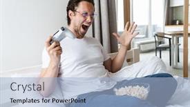  Presentation with young children playing multicultural - Slide set having handsome-cheerful-young-man-playing background and a light blue colored foreground