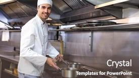  Presentation with commercial - Theme enhanced with handsome chef looking at pans background and a dark gray colored foreground