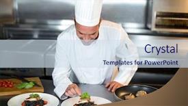  Presentation with commercial - Amazing PPT theme having handsome chef putting finishing touch in a commercial kitchen backdrop and a sky blue colored foreground