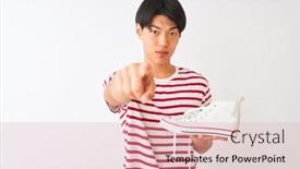  Presentation with sneakers - Slide set consisting of handsome chinese man holding casual sneakers standing over isolated white background pointing with finger to the camera and to you hand sign positive and confident gesture from the front background and a lemonade colored foreground