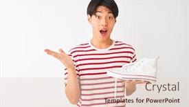 Presentation with sneakers - Presentation featuring handsome chinese man holding casual sneakers standing over isolated white background very happy and excited winner expression celebrating victory screaming with big smile and raised hands background and a lemonade colored foreground