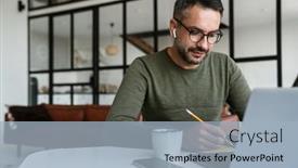  Presentation with taking notes - Cool new slide deck with handsome-confident-young-businessman-working backdrop and a light blue colored foreground