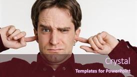  Presentation with ears - Presentation theme having handsome-confused-young-man-plugging background and a wine colored foreground