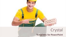  Presentation with building construction water supply - Beautiful PPT theme featuring handsome-construction-worker-building-brick backdrop and a sky blue colored foreground