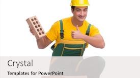 Presentation with building construction water supply - Colorful PPT theme enhanced with handsome-construction-worker-building-brick backdrop and a white colored foreground
