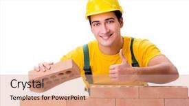  Presentation with building construction - Slide deck with masonbuilding - handsome construction worker building brick background and a coral colored foreground