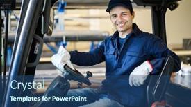  Presentation with forklift - Cool new PPT theme with handsome-construction-worker-driving backdrop and a ocean colored foreground