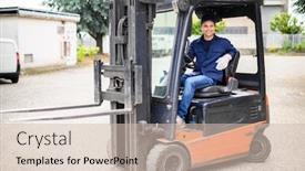  Presentation with forklift - Cool new PPT theme with handsome-construction-worker-driving backdrop and a soft green colored foreground