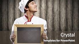  Presentation with chalk board - Amazing PPT theme having handsome cook holding blank chalk board place for text backdrop and a tawny brown colored foreground