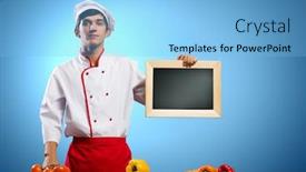  Presentation with chalk board - Theme featuring handsome cook holding blank chalk board place for text background and a light blue colored foreground