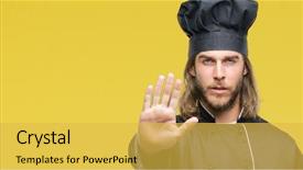  Presentation with negative charge - Colorful presentation design enhanced with handsome cook man with long backdrop and a  colored foreground