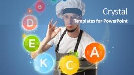  Presentation with vitamin - PPT layouts consisting of handsome cook with kitchen instruments and vitamin concept background and a teal colored foreground