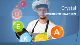 Presentation with vitamin - Amazing slide deck having handsome cook with kitchen instruments and vitamin concept backdrop and a teal colored foreground
