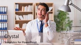  Presentation with customer service - Audience pleasing PPT layouts consisting of handsome customer service clerk backdrop and a soft green colored foreground
