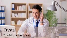  Presentation with customer service - Audience pleasing slides consisting of handsome customer service clerk backdrop and a soft green colored foreground