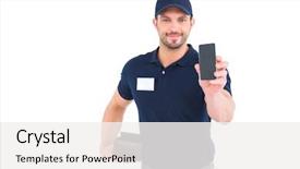  Presentation with phone - Presentation theme having handsome delivery man showing mobile background and a white colored foreground