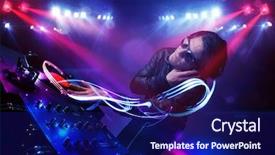  Presentation with music - Audience pleasing PPT theme consisting of handsome disc jockey playing music backdrop and a navy blue colored foreground