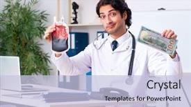  Presentation with blood transfusion - Beautiful slides featuring handsome doctor in blood transfusion backdrop and a light blue colored foreground