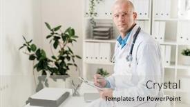  Presentation with prescriptions - Presentation design having handsome doctor in whitecoat sitting on desk and looking at you while making medical notes or prescriptions background and a light gray colored foreground