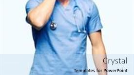 Presentation with medical eye - Theme featuring handsome doctor man wearing medical uniform over isolated background yawning tired covering half face eye and mouth with hand face hurts in pain background and a light blue colored foreground