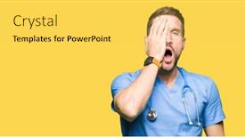  Presentation with eye medical - Slide deck enhanced with handsome doctor man wearing medical uniform over isolated background yawning tired covering half face eye and mouth with hand face hurts in pain background and a yellow colored foreground