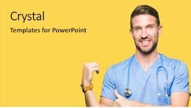  Presentation with medical robot hand and doctor - PPT theme enhanced with handsome doctor man wearing medical background and a light gray colored foreground