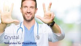  Presentation with medical smiling doctor - Amazing presentation design having handsome doctor man wearing medical uniform over isolated background showing and pointing up with fingers number eight while smiling confident and happy backdrop and a sky blue colored foreground