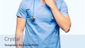  Presentation with sleepiness - Presentation enhanced with handsome doctor man wearing medical uniform over isolated background bored yawning tired covering mouth with hand restless and sleepiness background and a light blue colored foreground