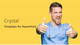  Presentation with medical smiling doctor - Slide deck having handsome doctor man wearing medical uniform over isolated background approving doing positive gesture with hand thumbs up smiling and happy for success looking at the camera winner gesture background and a yellow colored foreground