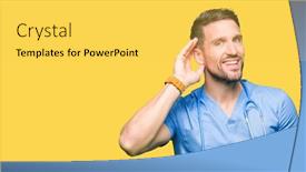  Presentation with ear medical - Slide deck having handsome doctor man wearing medical uniform over isolated background smiling with hand over ear listening an hearing to rumor or gossip deafness concept background and a yellow colored foreground