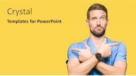  Presentation with direction - Slide set featuring handsome doctor man wearing medical uniform over isolated background pointing to both sides with fingers different direction disagree background and a yellow colored foreground