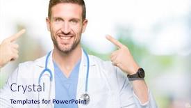  Presentation with great idea - Presentation design consisting of handsome doctor man wearing medical uniform over isolated background smiling pointing to head with both hands finger great idea or thought good memory background and a sky blue colored foreground