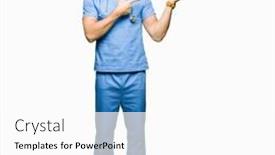  Presentation with medical smiling doctor - Colorful presentation design enhanced with handsome doctor man wearing medical uniform over isolated background amazed and smiling to the camera while presenting with hand and pointing with finger backdrop and a white colored foreground
