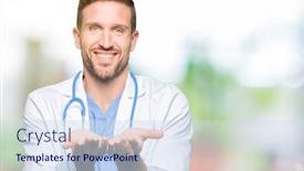 Presentation with medical smiling doctor - Amazing slide set having handsome doctor man wearing medical uniform over isolated background smiling with hands palms together receiving or giving gesture hold and protection backdrop and a sky blue colored foreground