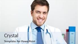  Presentation with doctor in hospital health insurance related icons healthcare person saving medical - Theme with handsome doctor sitting in his studio background and a light blue colored foreground