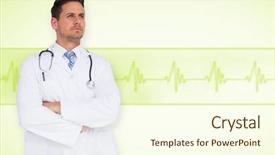  Presentation with ecg - PPT layouts consisting of handsome doctor with arms crossed against medical background with green ecg line background and a cream colored foreground