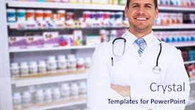  Presentation with drugs - Slide set consisting of handsome doctor with arms crossed against close up of shelves of drugs background and a sky blue colored foreground