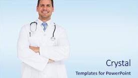 Presentation with blue - Cool new PPT theme with handsome doctor with arms crossed against blue vignette background backdrop and a sky blue colored foreground
