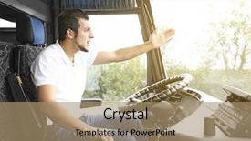  Presentation with bus - Audience pleasing slides consisting of handsome driver sitting in bus backdrop and a coral colored foreground