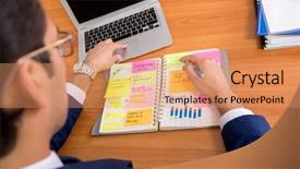  Presentation with planning - Cool new slides with handsome employee planning his work backdrop and a coral colored foreground
