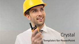  Presentation with portable radio - PPT theme consisting of handsome engineer with portable radio transmitter on light background background and a coral colored foreground