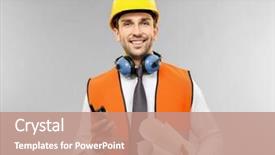  Presentation with portable radio - Audience pleasing slide deck consisting of handsome engineer with portable radio transmitter and drawings on light background backdrop and a coral colored foreground