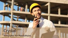  Presentation with portable radio - Colorful presentation design enhanced with handsome engineer with portable radio transmitter and clipboard standing against unfinished building backdrop and a coral colored foreground